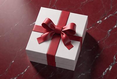 The primary subject of the image is a white box with a red bow on top. The box is placed on a marble surface, which serves as the setting and background of the scene. The visual style of the image is a photo, capturing the details of the box and the bow. The colors and mood of the image are predominantly red and white, giving it a warm and festive atmosphere.